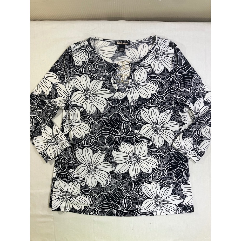 BYdesign Womens Large Black White Floral Keyhole Ring 3/4 Sleeve Blouse Tunic